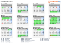 Kalender 2023 mit Ferien und Feiertagen Paris