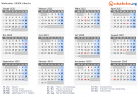 Kalender 2023 mit Ferien und Feiertagen Liberia