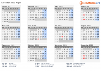 Kalender 2023 mit Ferien und Feiertagen Niger