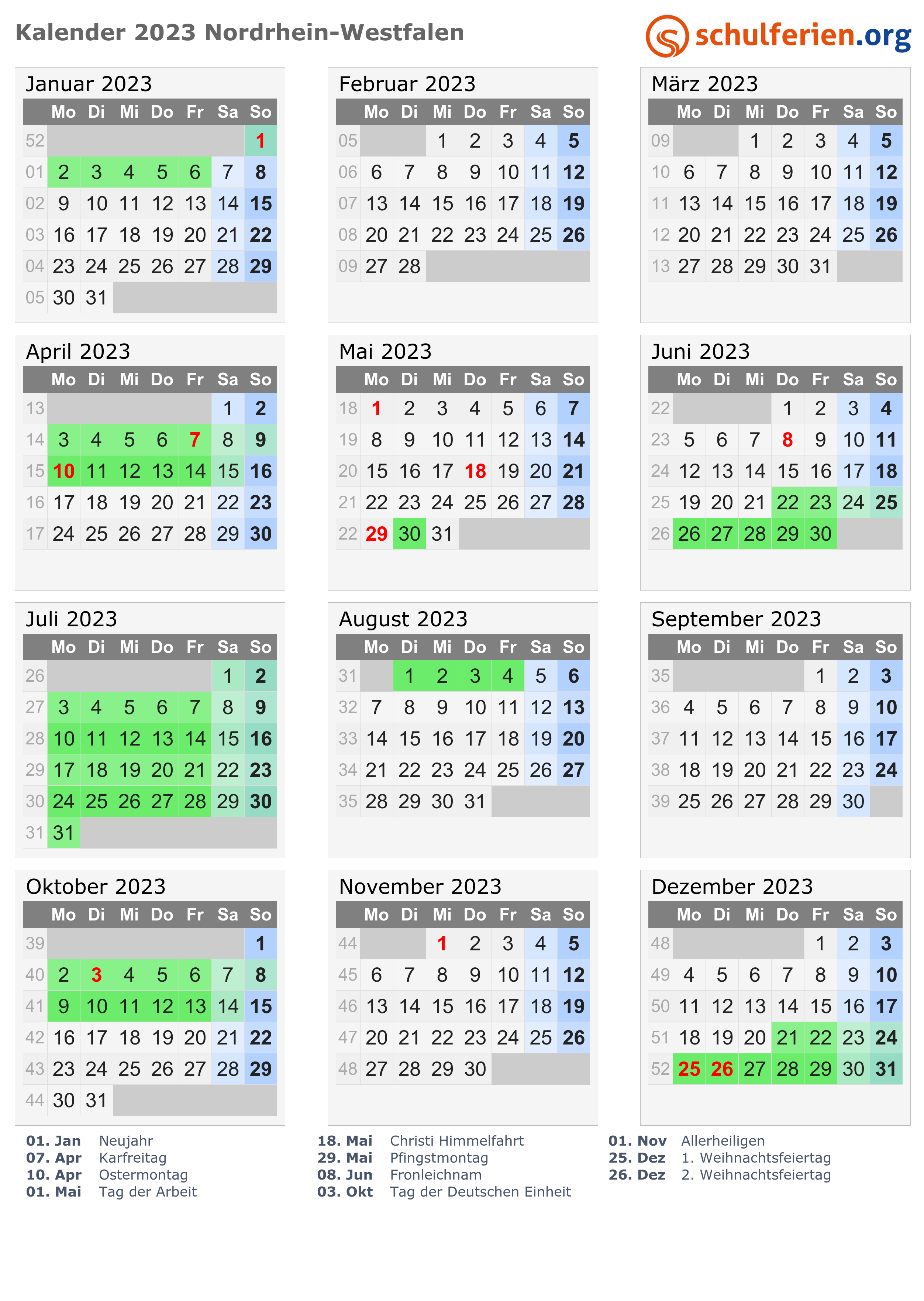Kalender 2023 Ferien Nordrhein Westfalen Feiertage