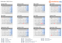 Kalender 2023 mit Ferien und Feiertagen Peru