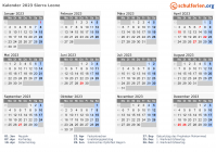Kalender  mit Ferien und Feiertagen Sierra Leone