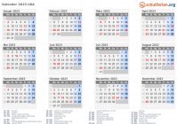 Kalender 2023 mit Ferien und Feiertagen USA