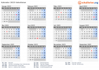 Kalender 2023 mit Ferien und Feiertagen Usbekistan