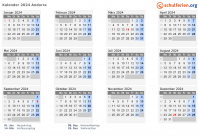 Kalender 2024 mit Ferien und Feiertagen Andorra
