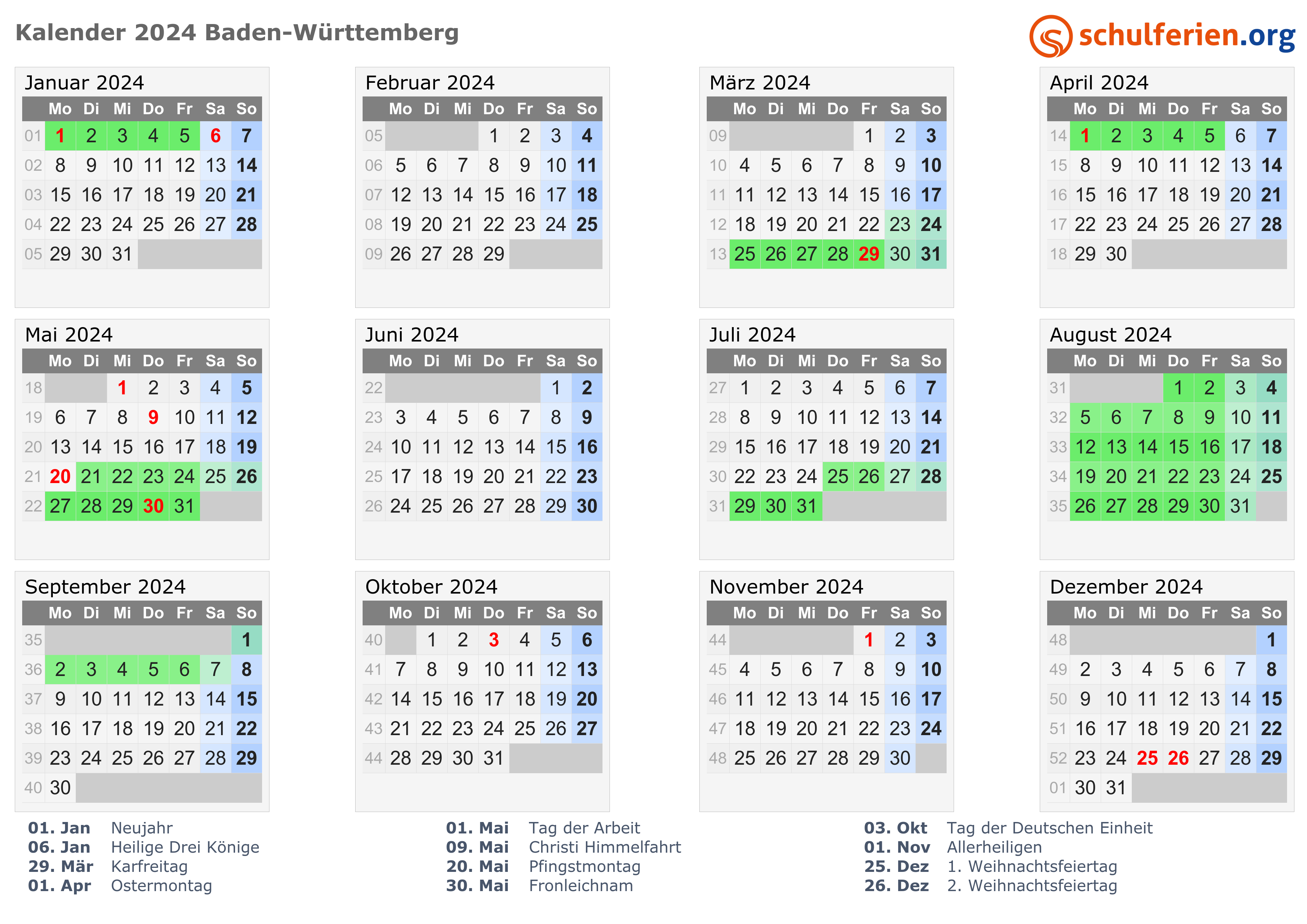 Kalender 2024 + Ferien BadenWürttemberg, Feiertage