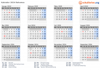 Kalender 2024 mit Ferien und Feiertagen Bahamas