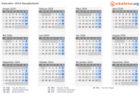 Kalender 2024 mit Ferien und Feiertagen Bangladesch
