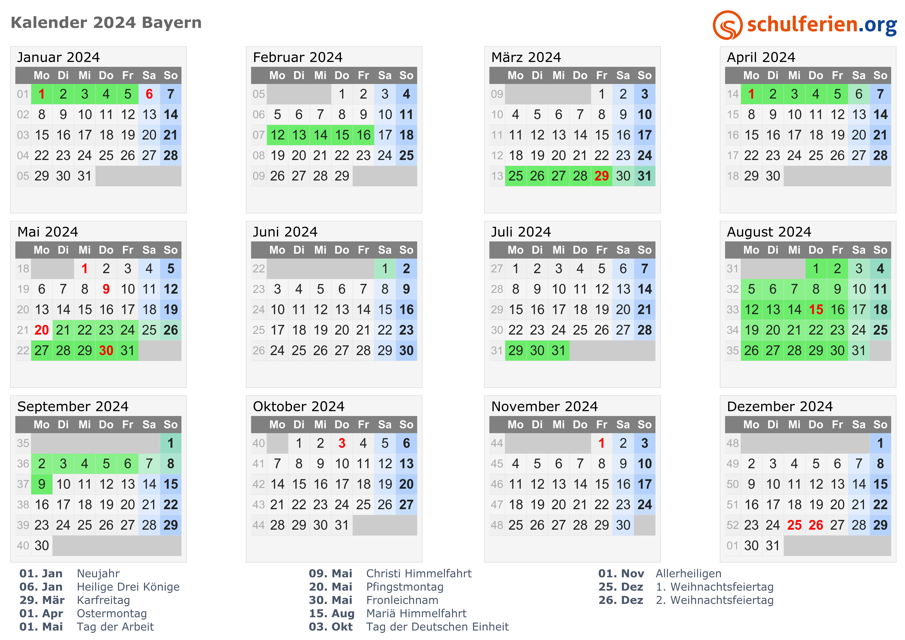 Kalender 2024 Ferien Bayern Feiertage