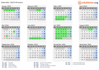 Kalender 2024 mit Ferien und Feiertagen Bremen