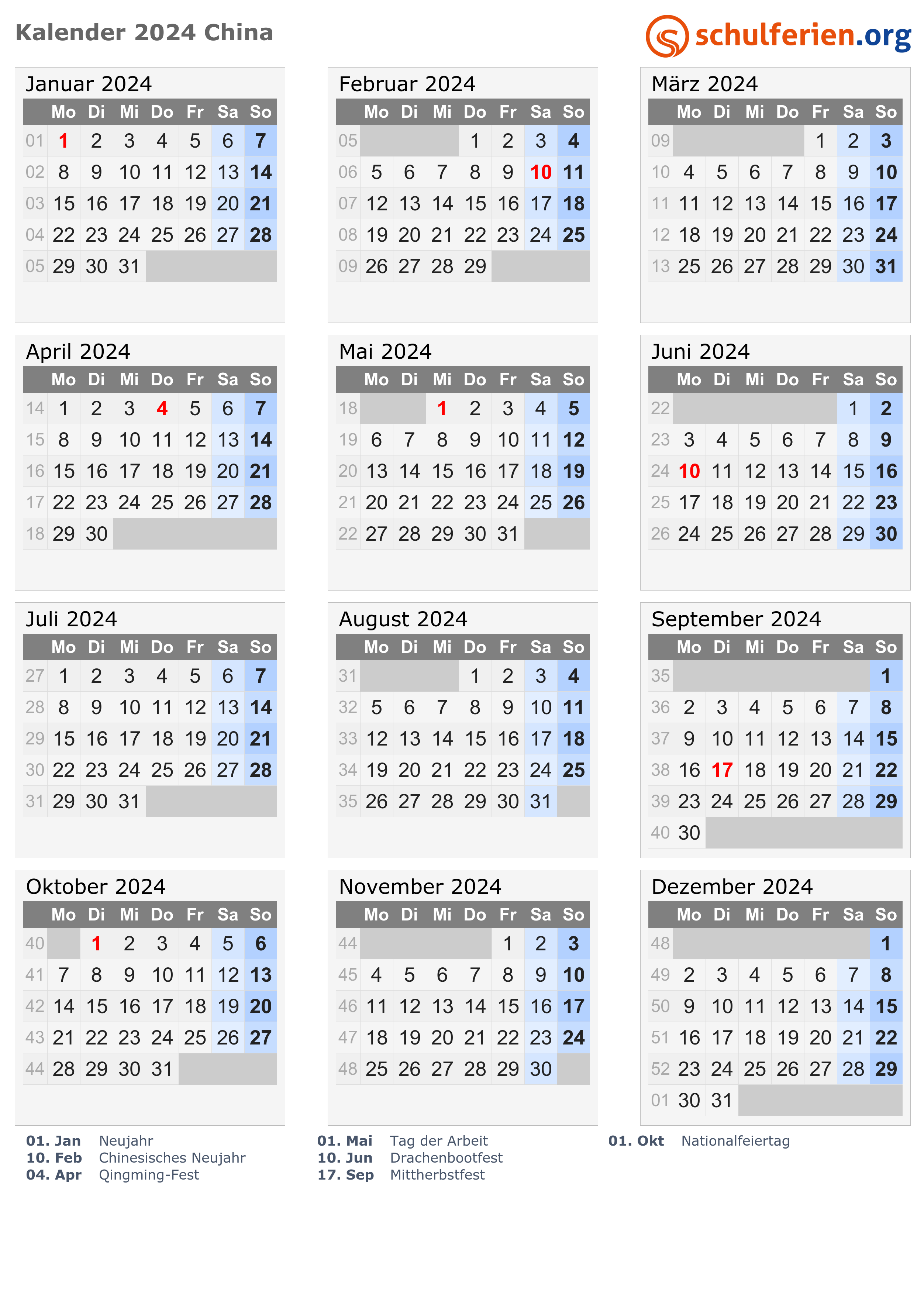 Kalender China 2024 mit Feiertage