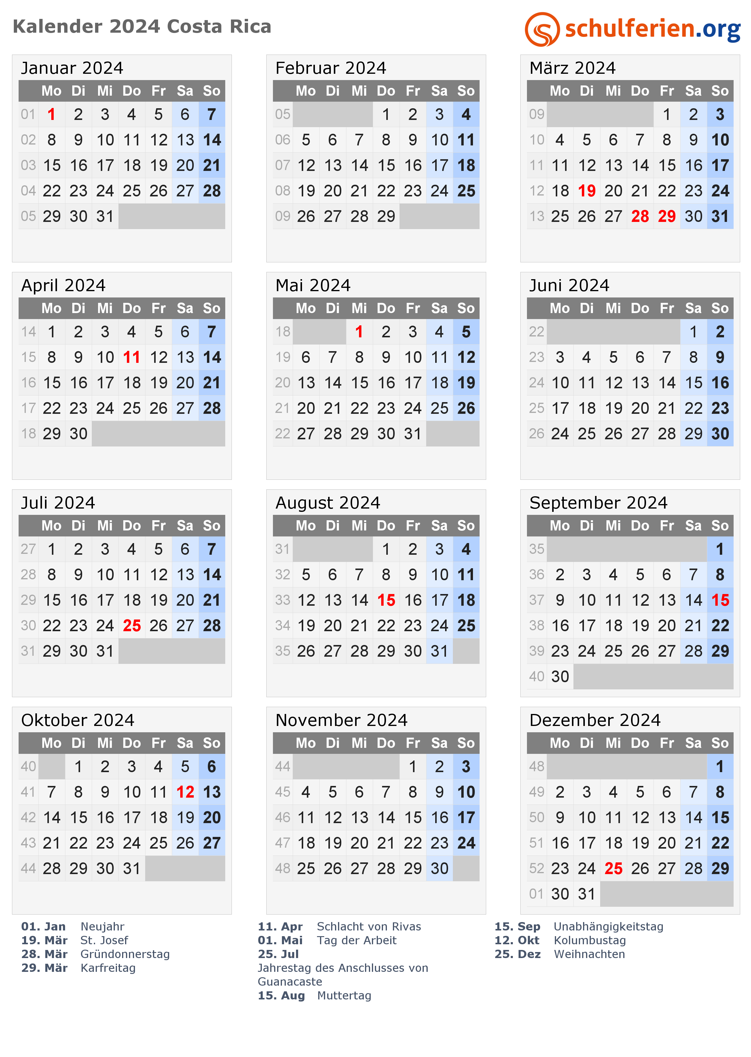 Kalender Costa Rica 2024 mit Feiertage