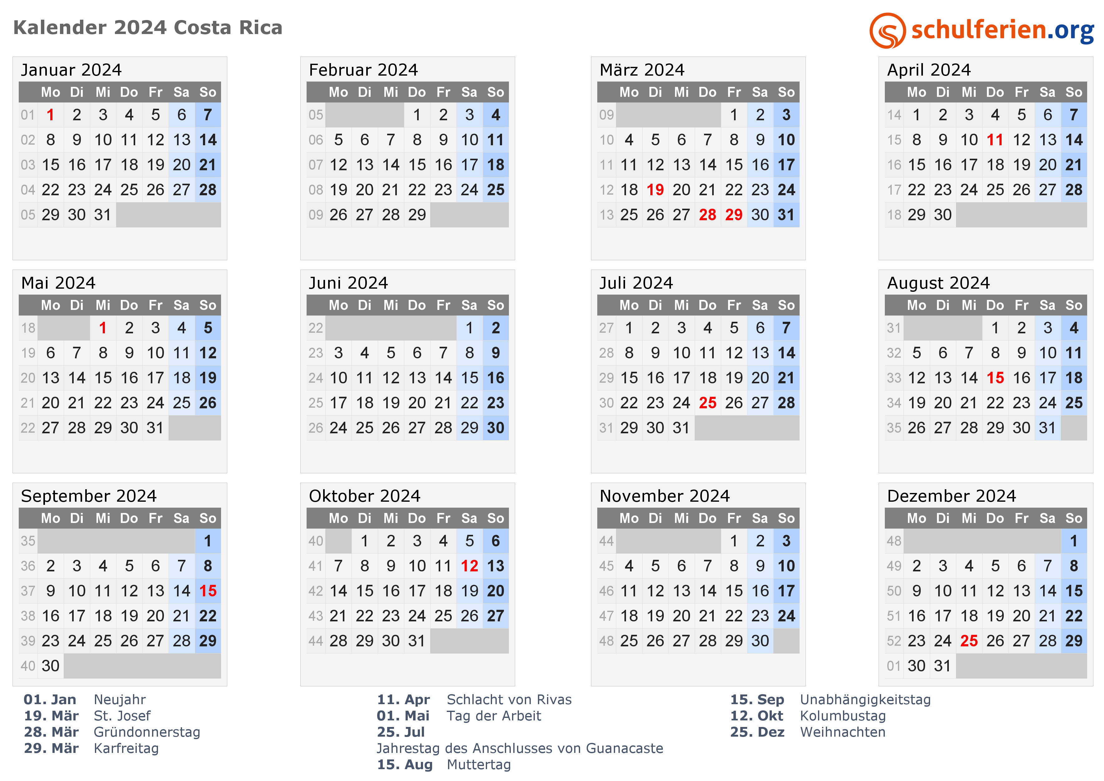 Kalender Costa Rica 2024 mit Feiertage