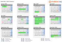 Kalender 2024 mit Ferien und Feiertagen Assens