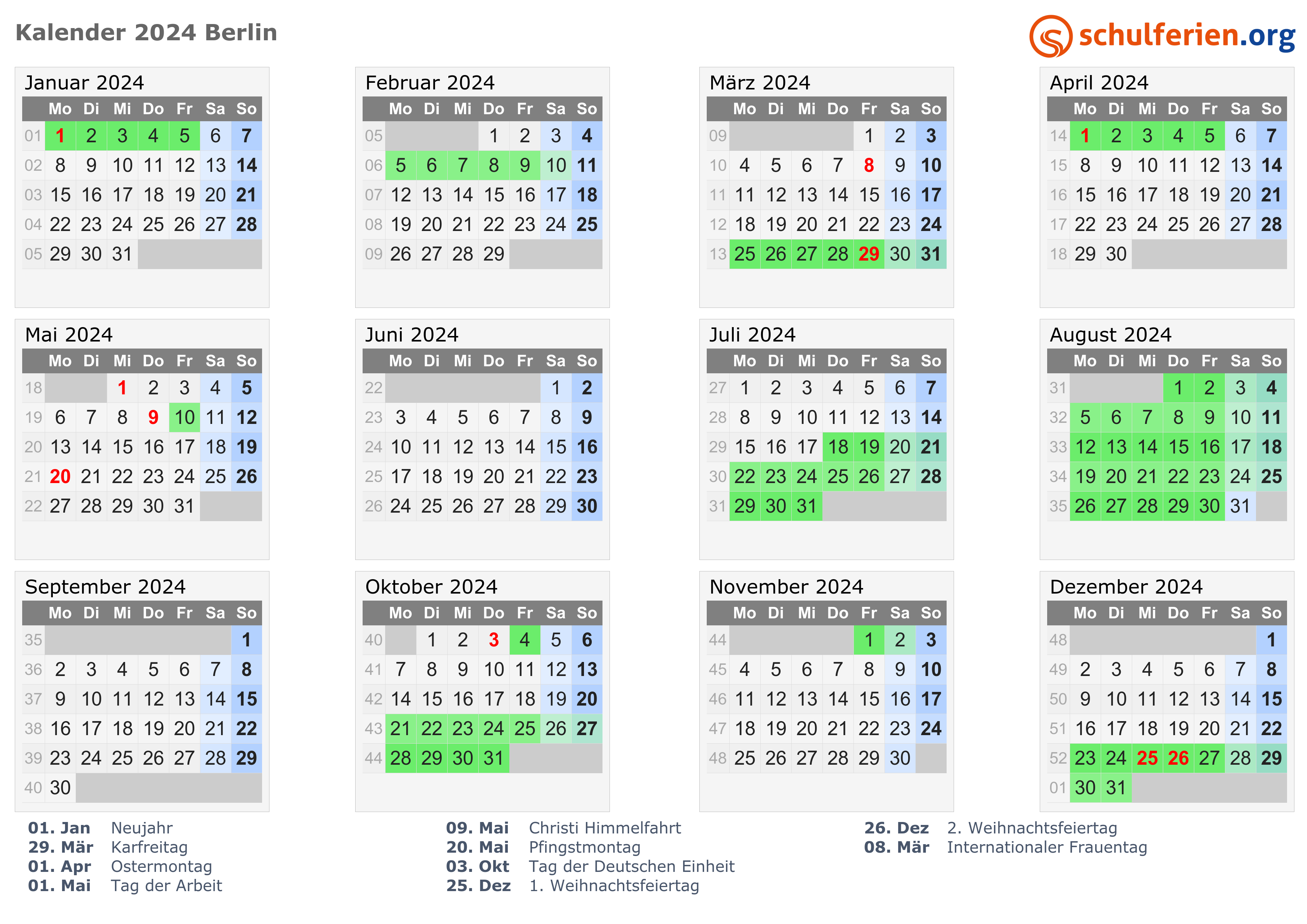 Kalender 2024 + Ferien Berlin, Feiertage