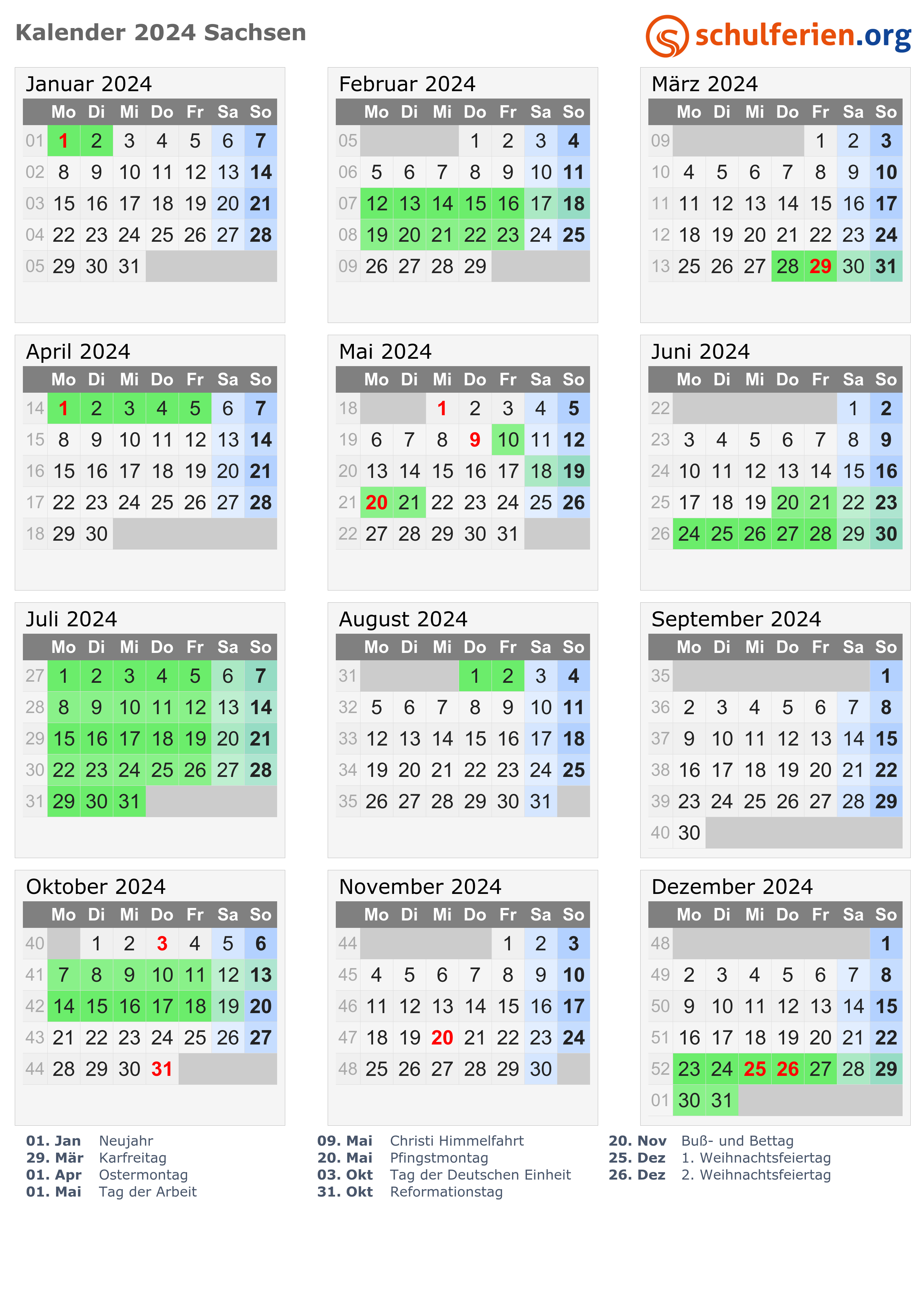Kalender 2024 + Ferien Sachsen, Feiertage