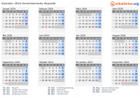 Kalender 2024 mit Ferien und Feiertagen Dominikanische Republik
