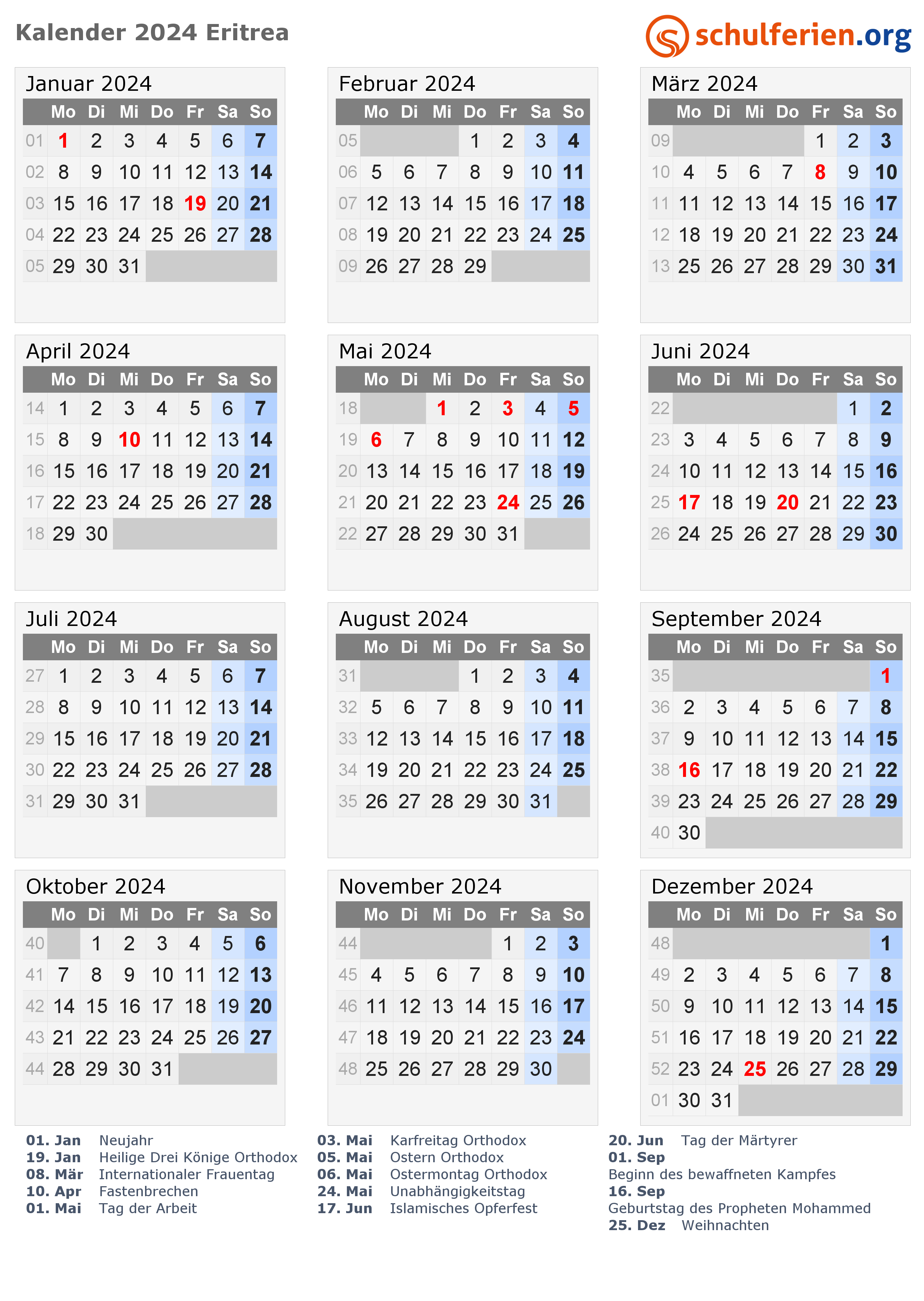 Kalender Eritrea 2024 mit Feiertage