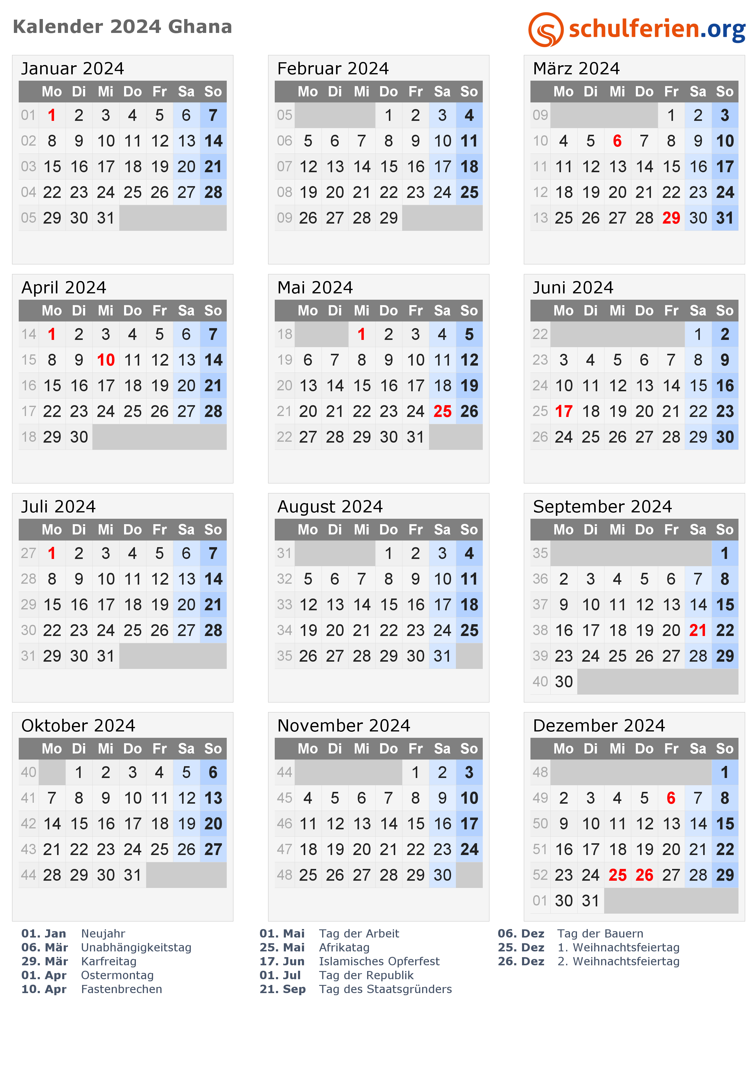 Kalender Ghana 2024 mit Feiertage