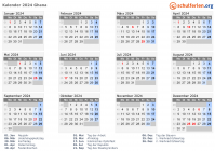 Kalender 2024 mit Ferien und Feiertagen Ghana