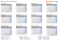 Kalender 2024 mit Ferien und Feiertagen Großbritannien