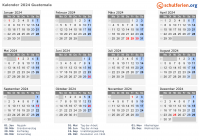 Kalender 2024 mit Ferien und Feiertagen Guatemala