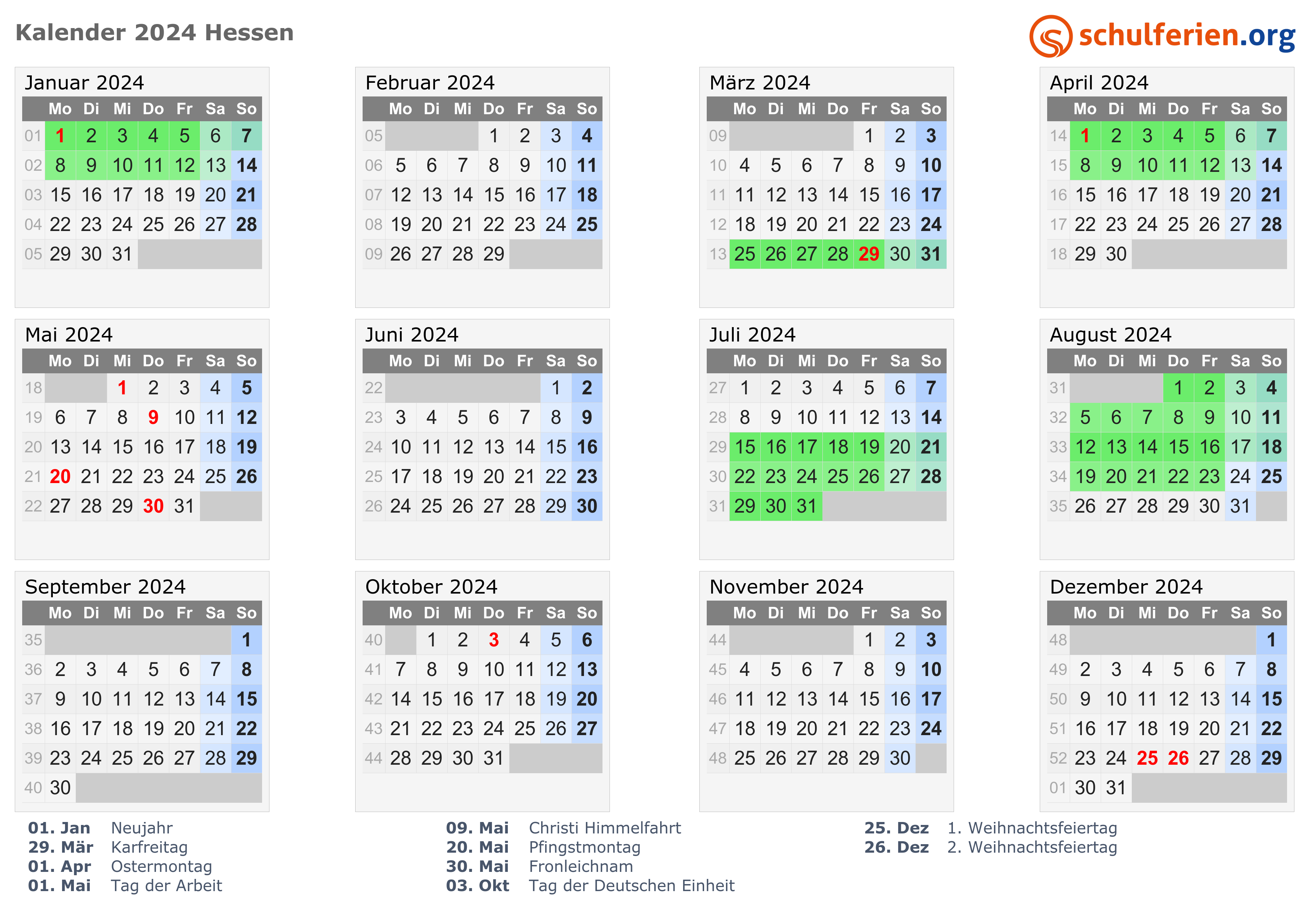 Kalender 2024 + Ferien Hessen, Feiertage