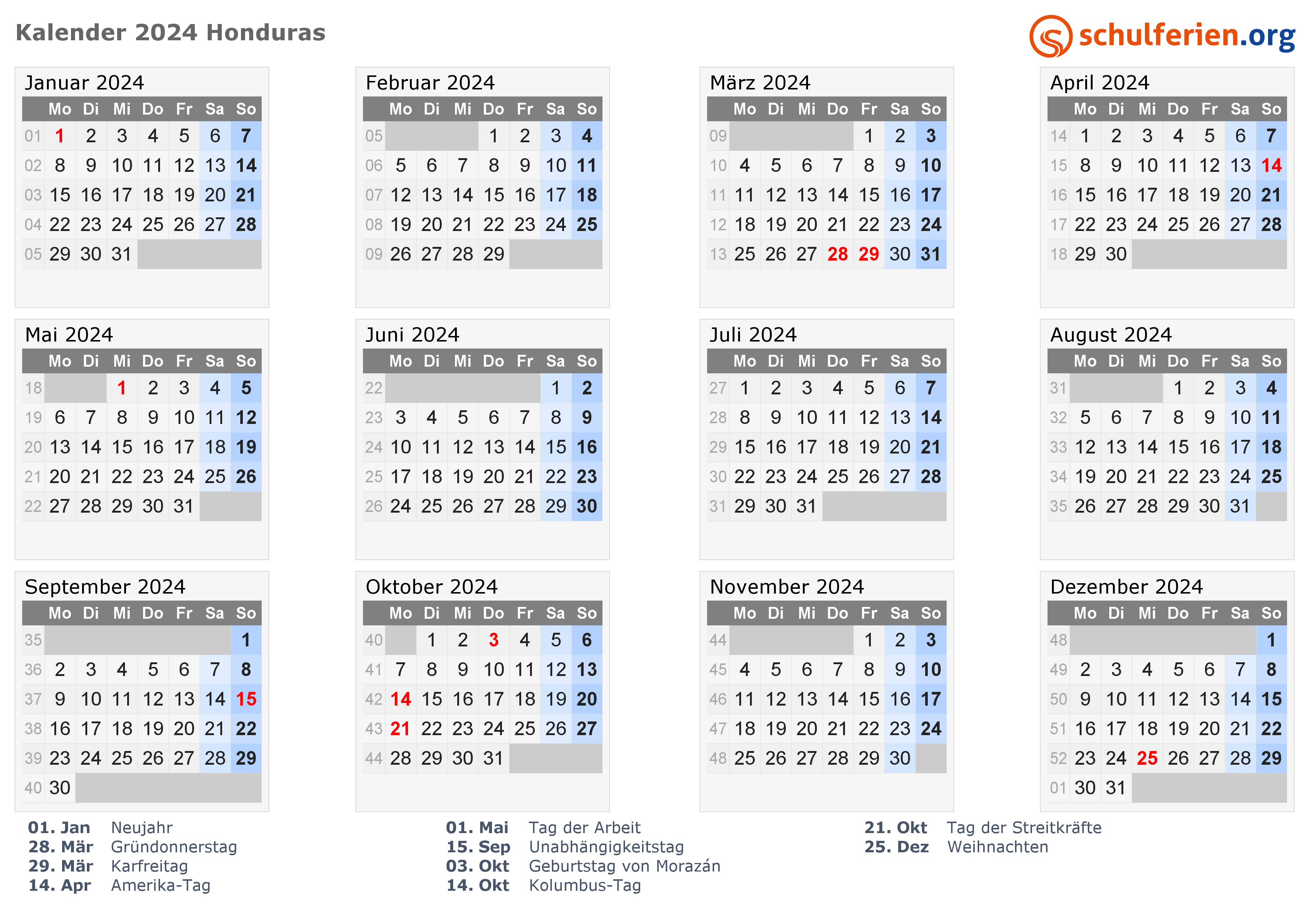 Kalender Honduras 2024 mit Feiertage