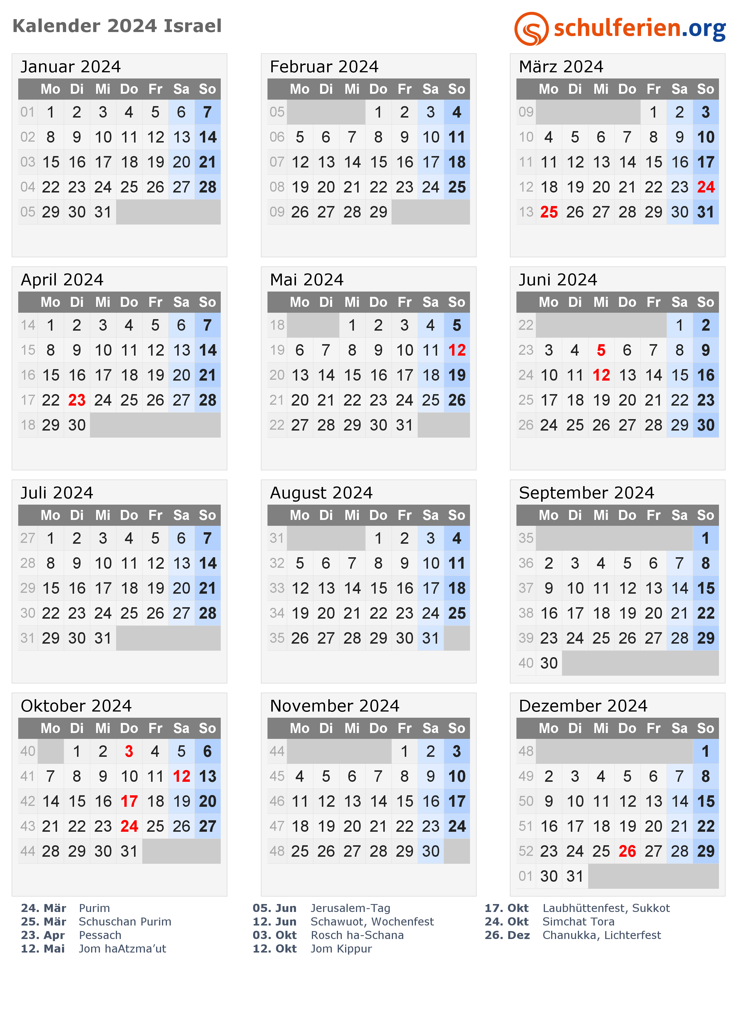 Kalender Israel 2024 mit Feiertage