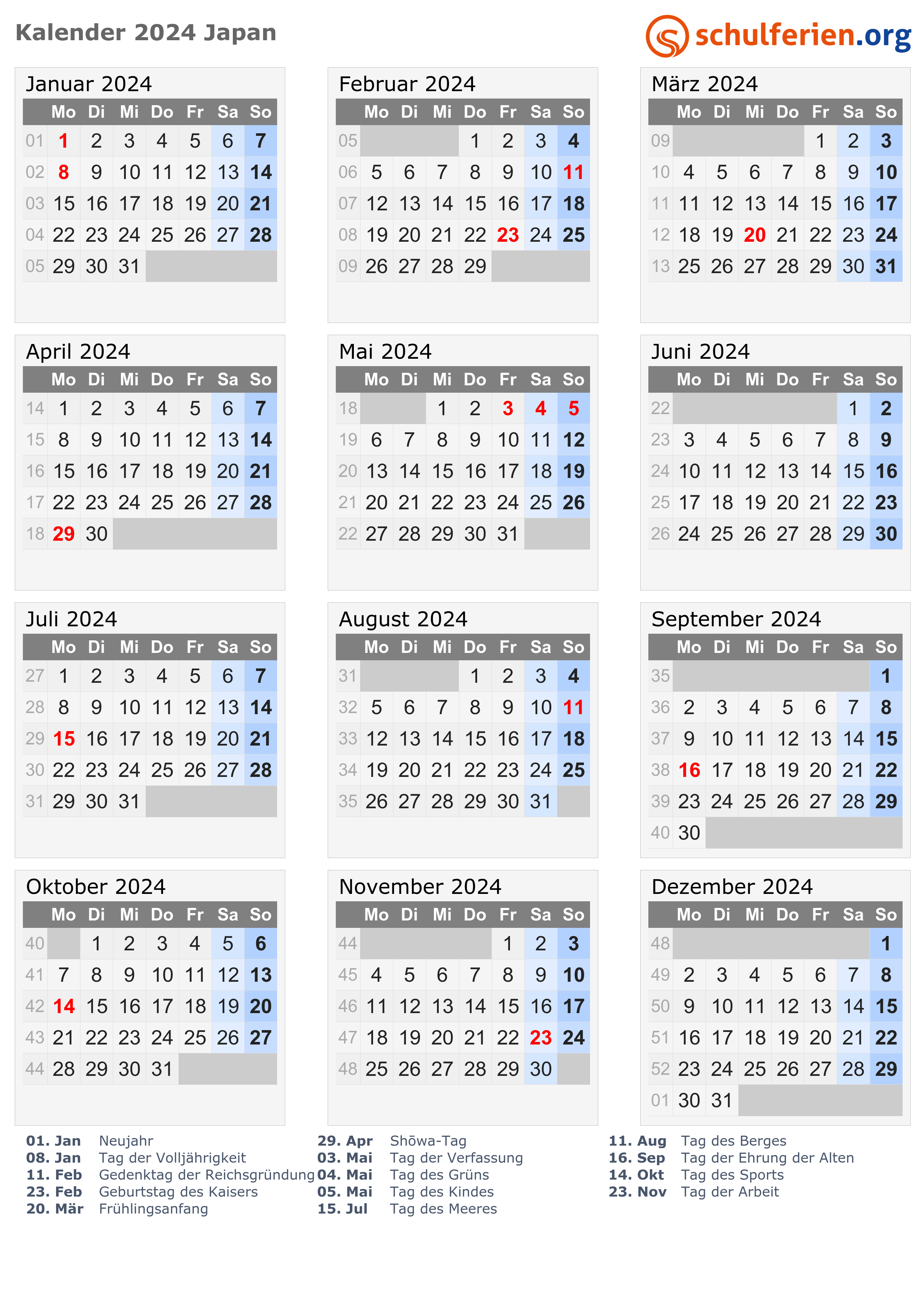 Kalender Japan 2024 mit Feiertage