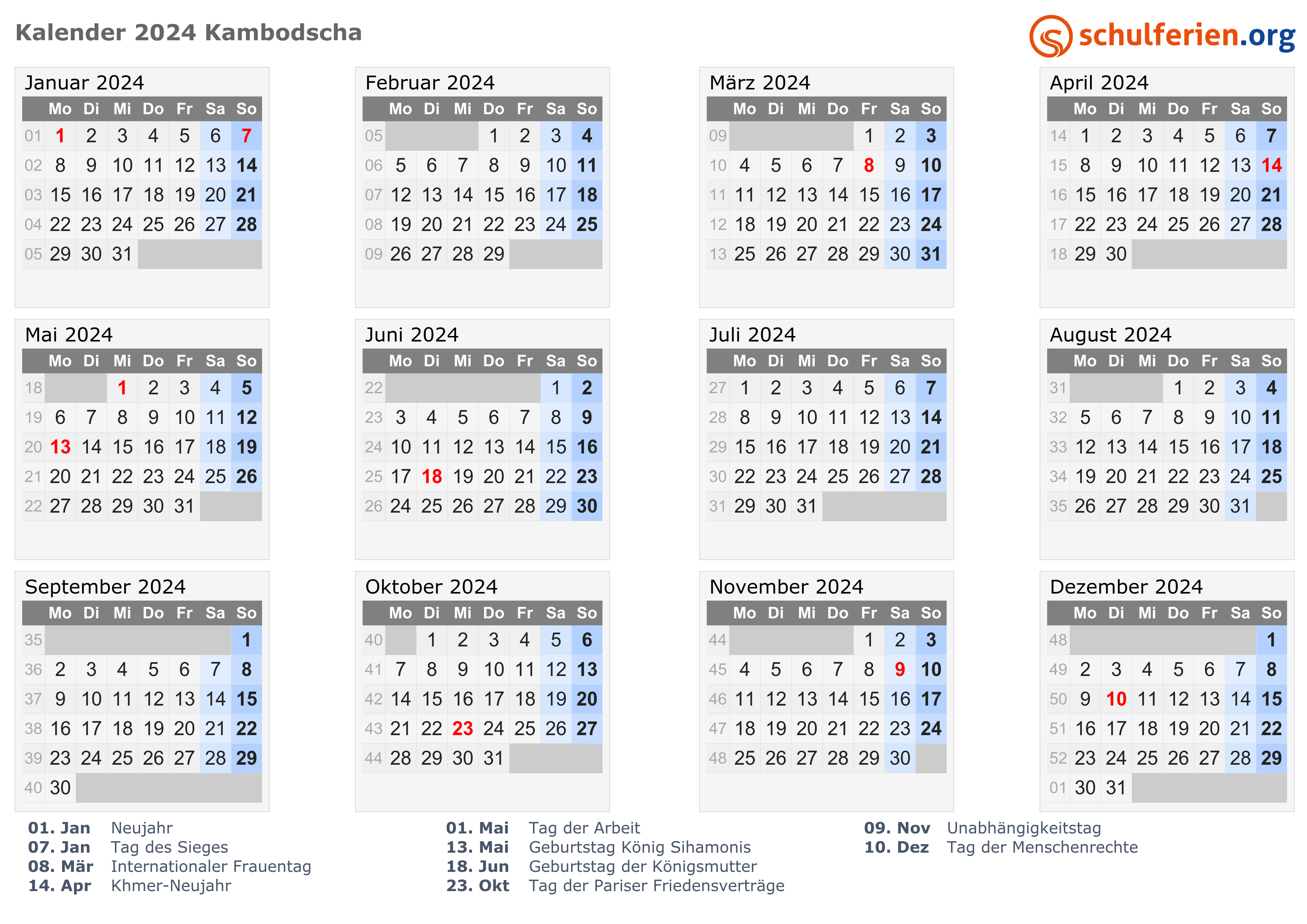 Kalender Kambodscha 2024 mit Feiertage