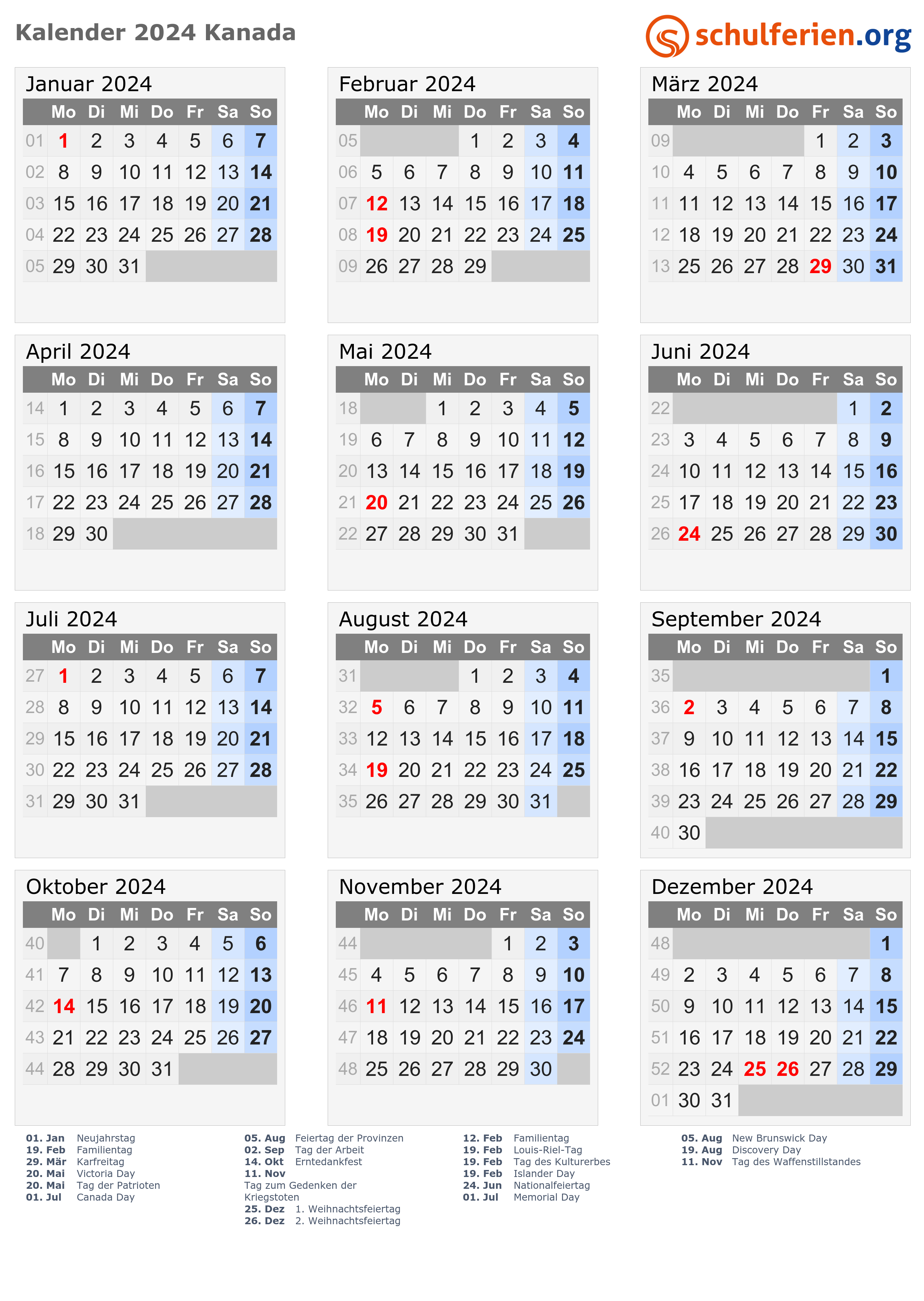 Kalender Kanada 2024 mit Feiertage