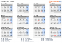 Kalender 2024 mit Ferien und Feiertagen Lesotho