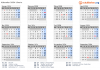 Kalender 2024 mit Ferien und Feiertagen Liberia