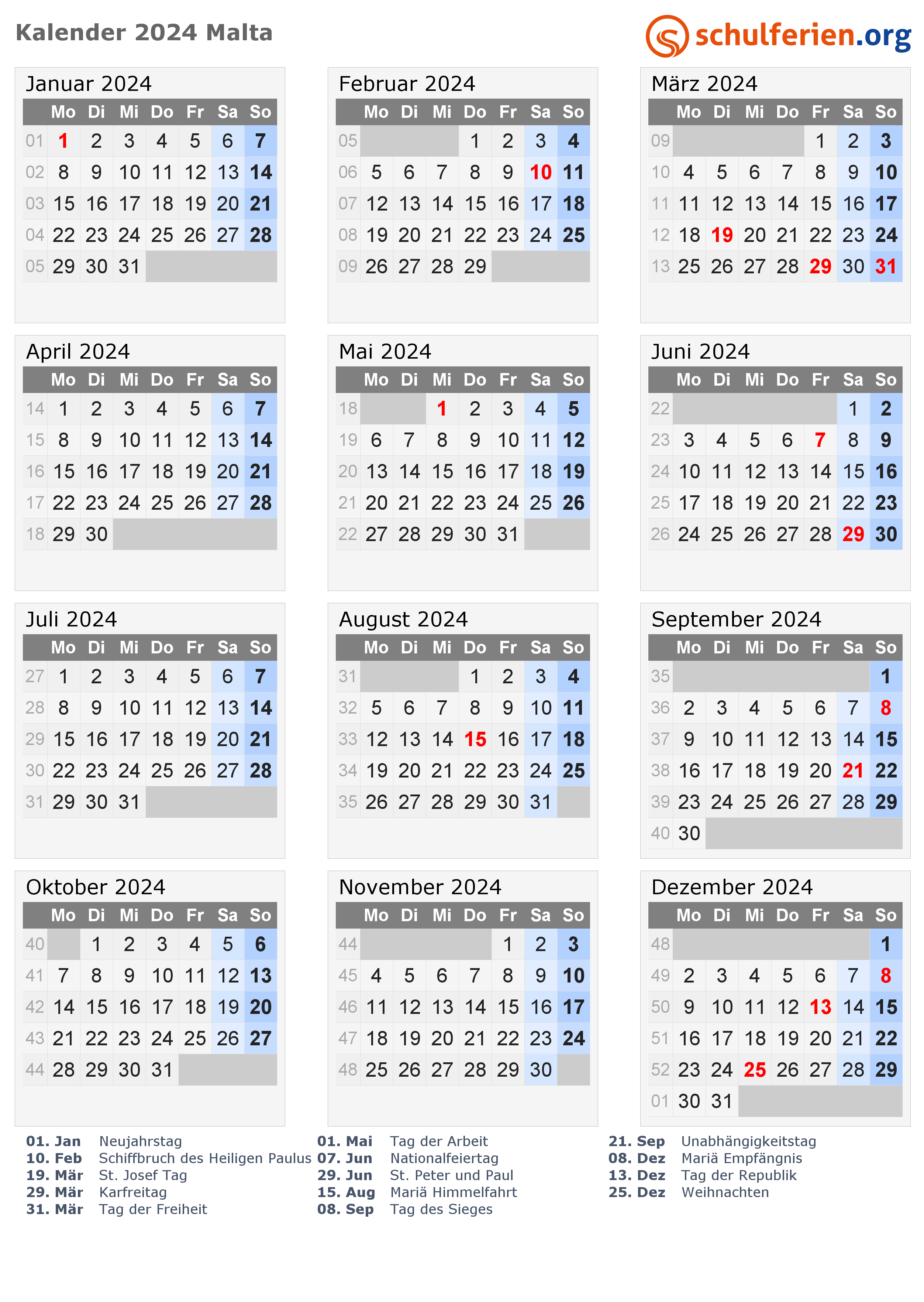 Kalender Malta 2024 mit Feiertage