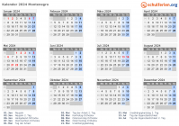 Kalender 2024 mit Ferien und Feiertagen Montenegro