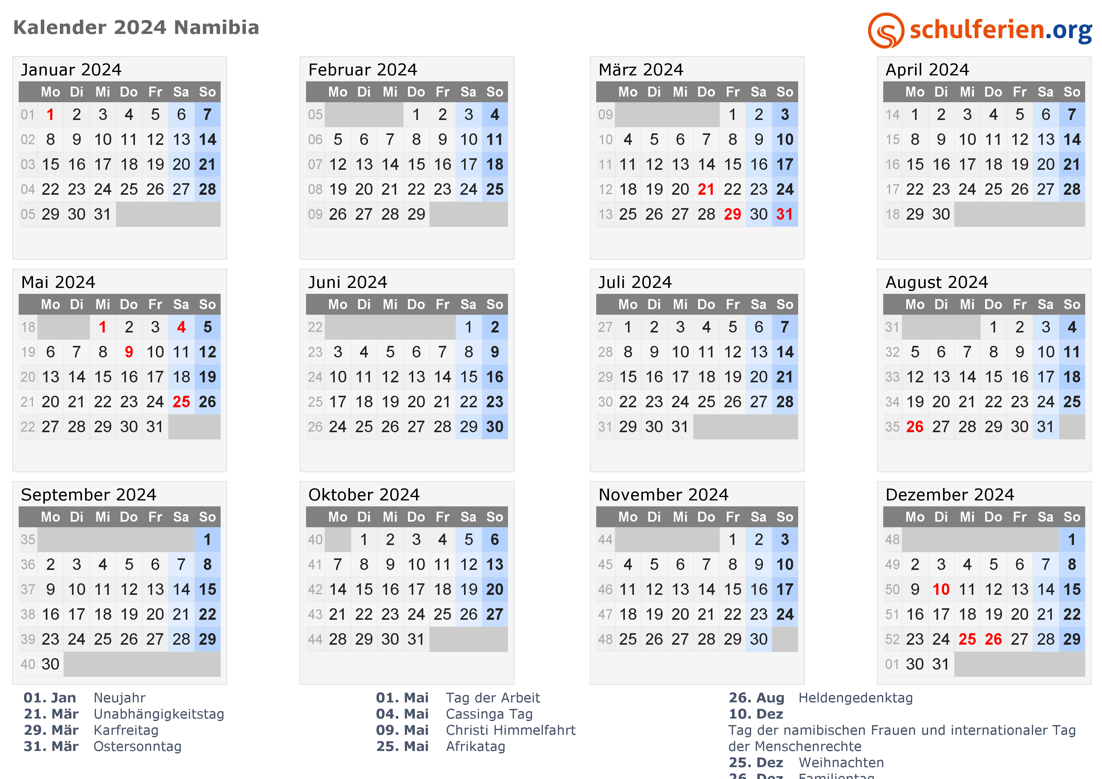 Kalender Namibia 2024 mit Feiertage