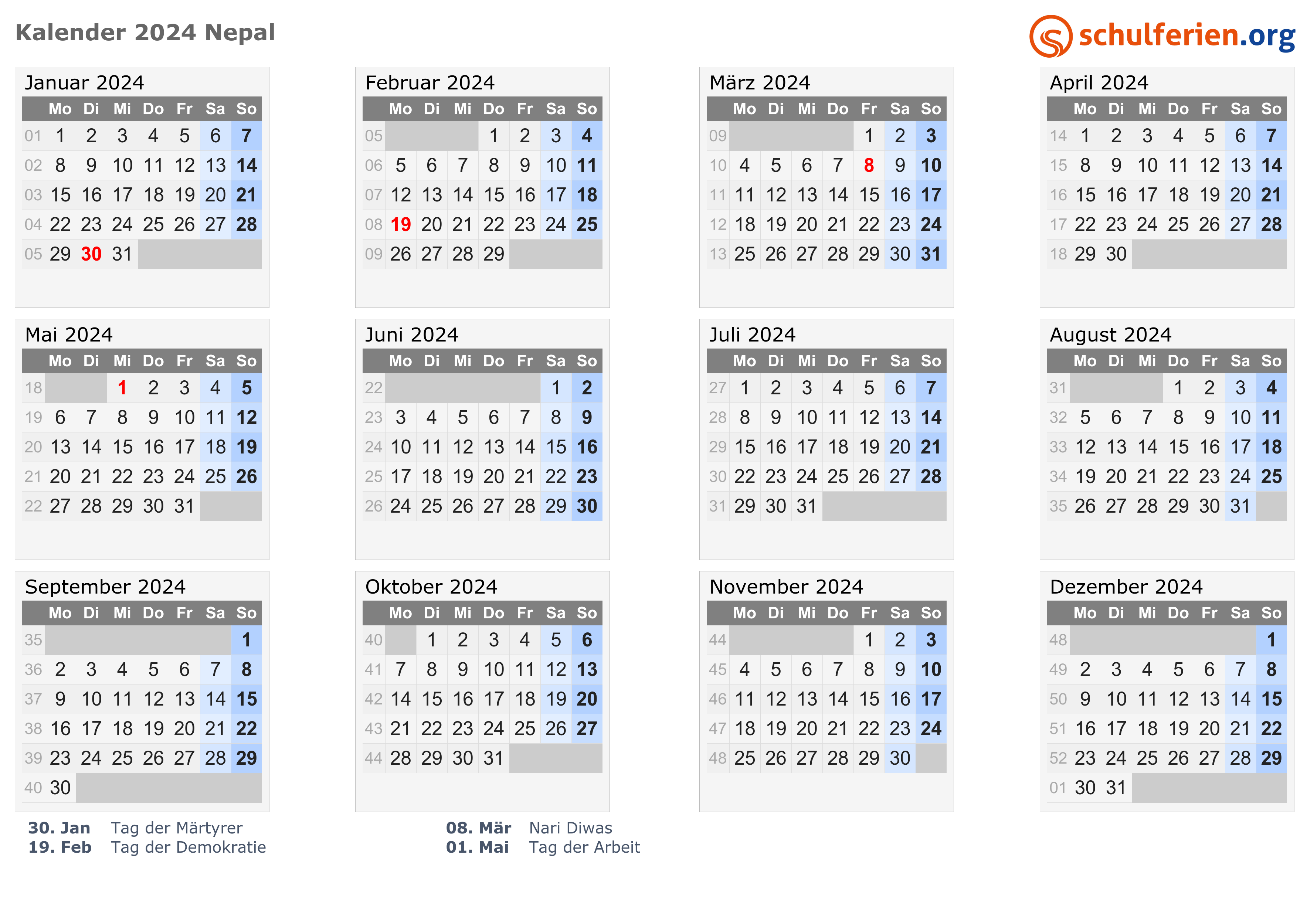 Kalender Nepal 2024 mit Feiertage
