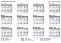 Kalender 2024 mit Ferien und Feiertagen Nicaragua