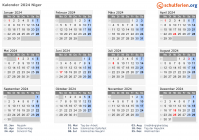 Kalender 2024 mit Ferien und Feiertagen Niger