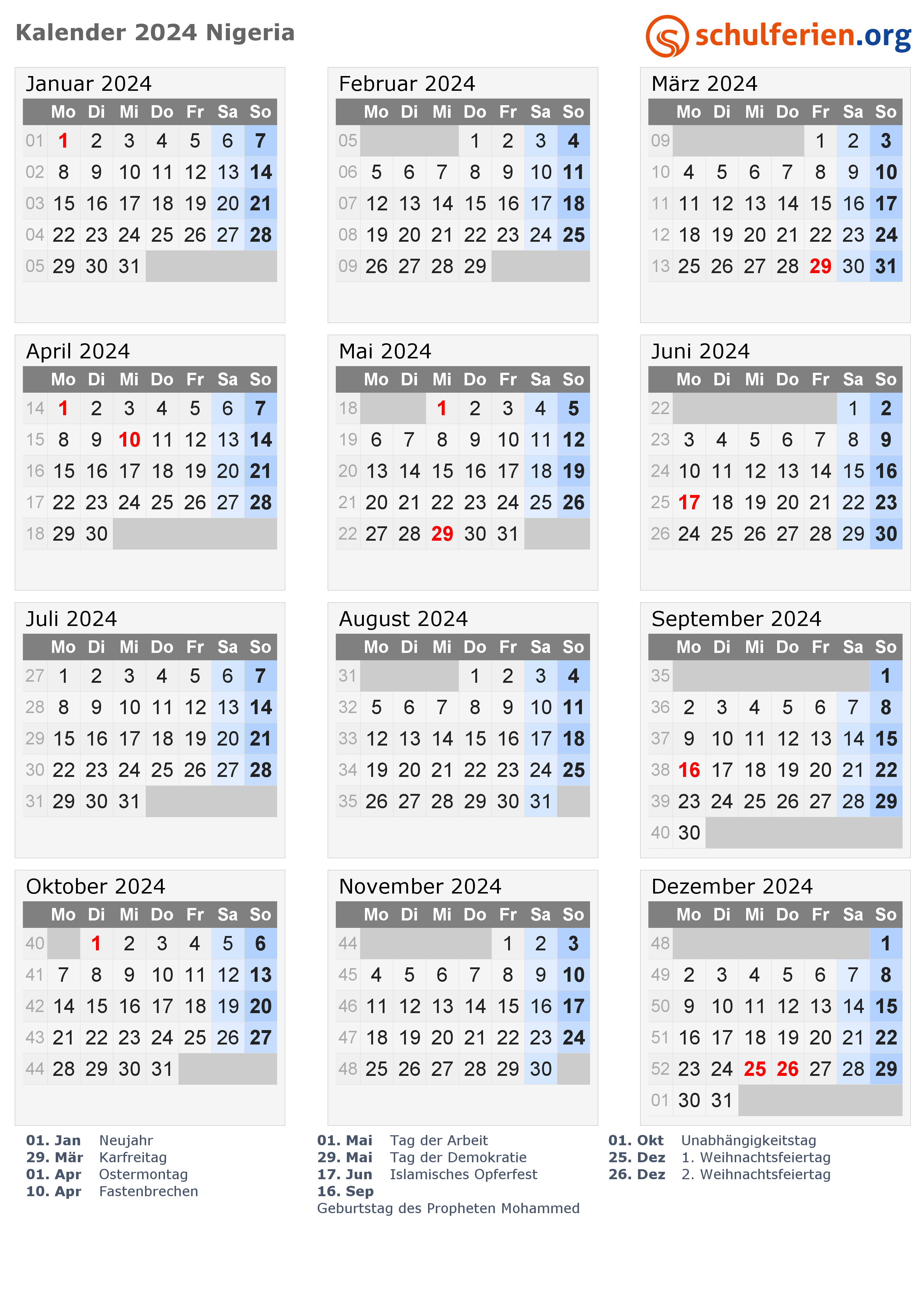 Kalender Nigeria 2024 mit Feiertage