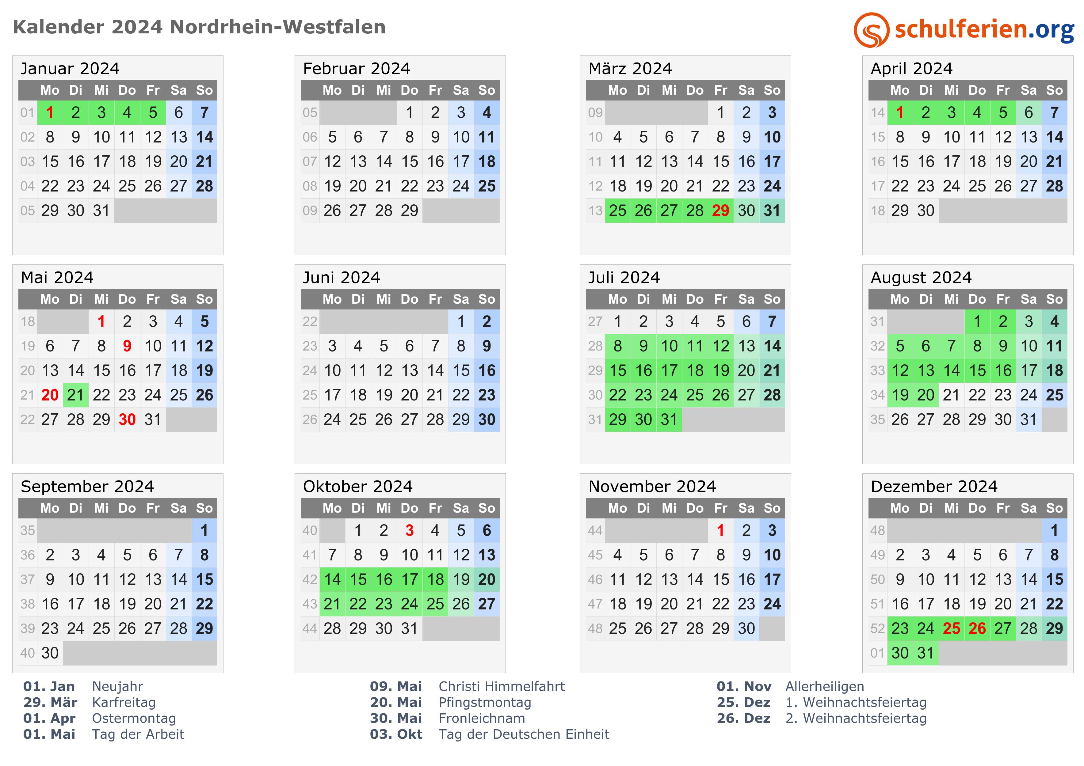 Kalender 2024 + Ferien NordrheinWestfalen, Feiertage