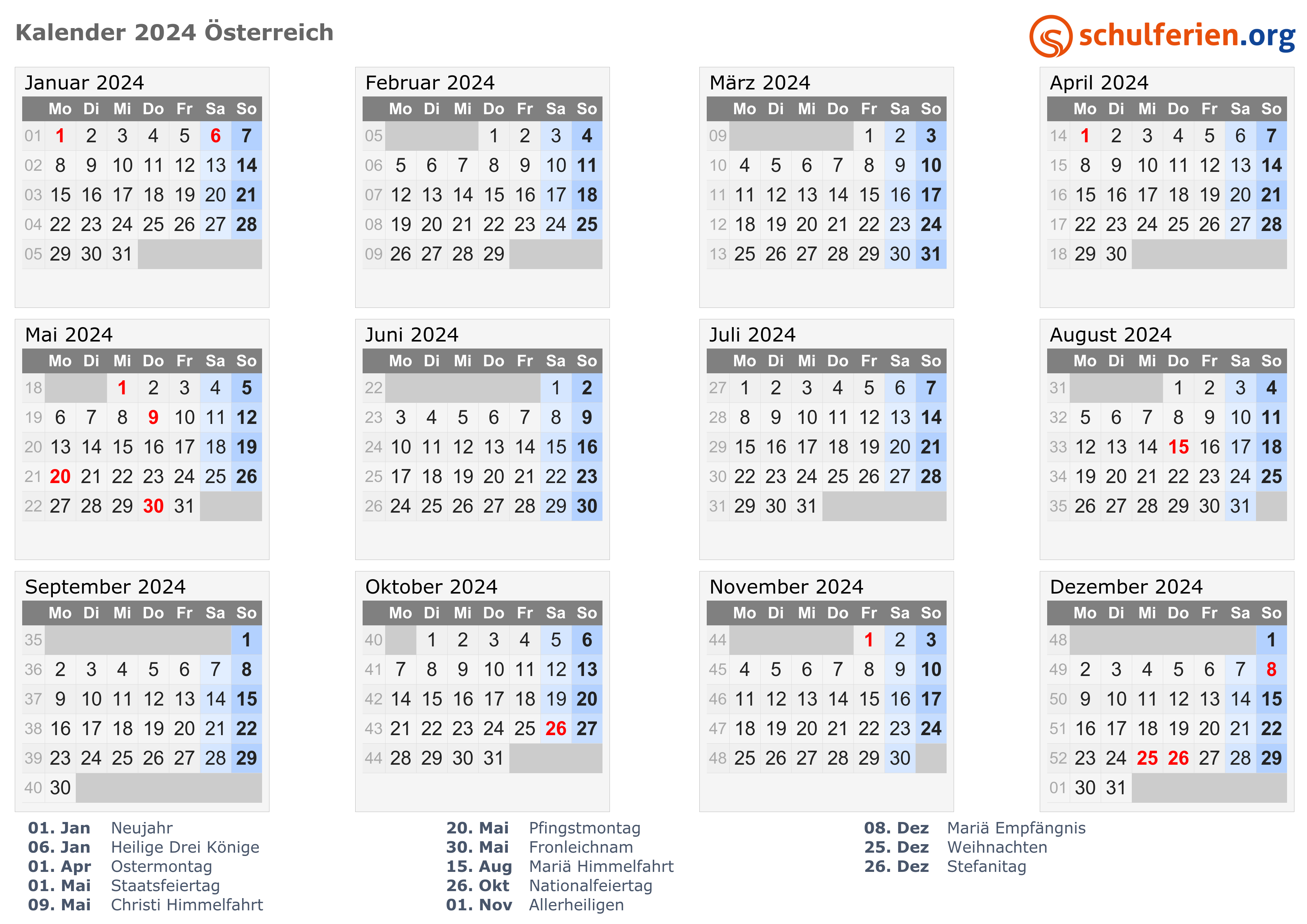 Kalender Österreich 2024 mit Feiertage
