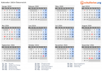 Kalender 2024 mit Ferien und Feiertagen Österreich