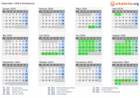 Kalender 2024 mit Ferien und Feiertagen Schlesien