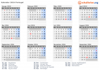 Kalender 2024 mit Ferien und Feiertagen Portugal