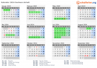 Kalender 2024 mit Ferien und Feiertagen Sachsen-Anhalt