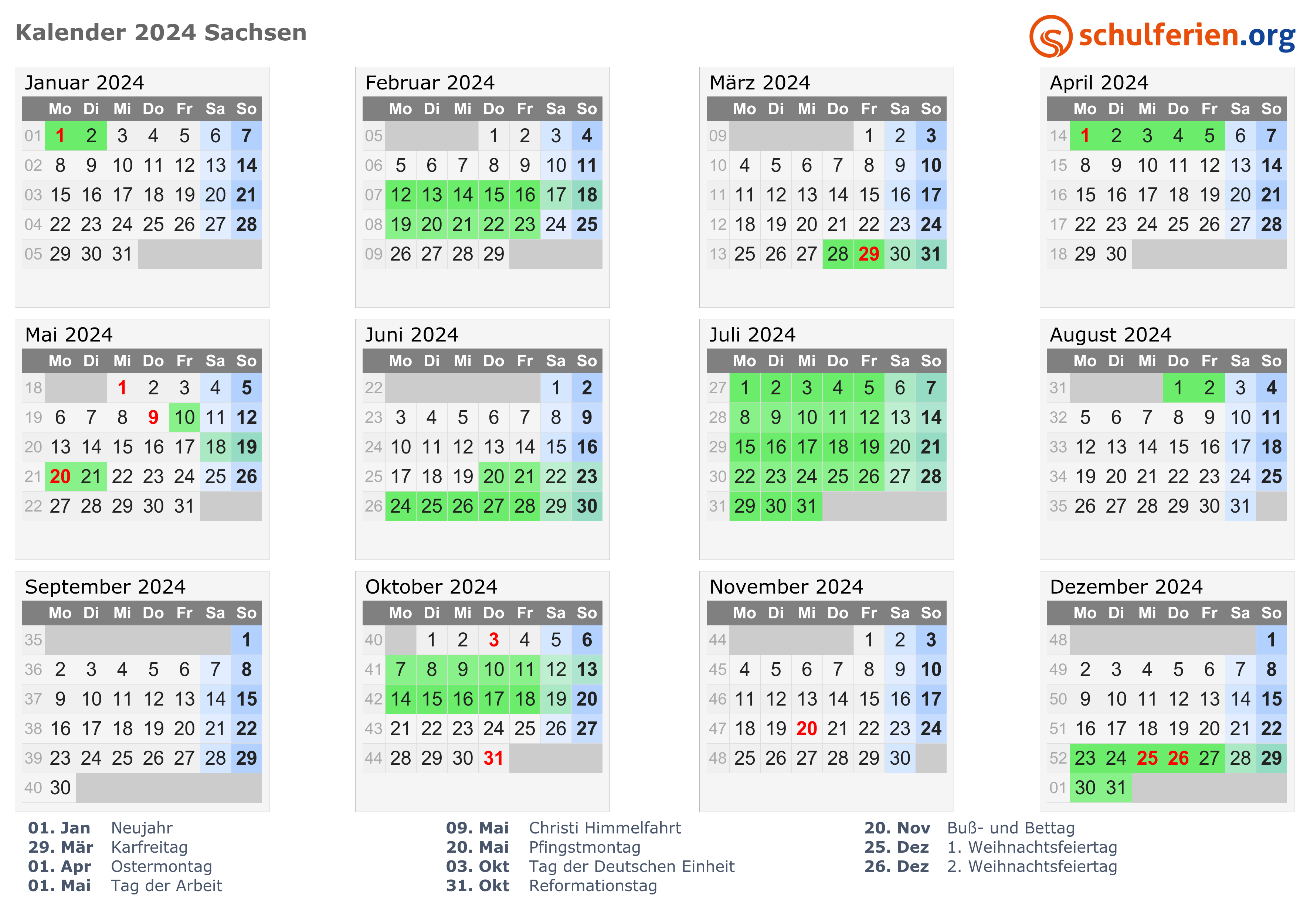 Kalender 2024 + Ferien Sachsen, Feiertage