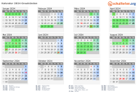 Kalender 2024 mit Ferien und Feiertagen Graubünden