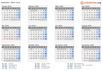 Kalender 2024 mit Ferien und Feiertagen Jura
